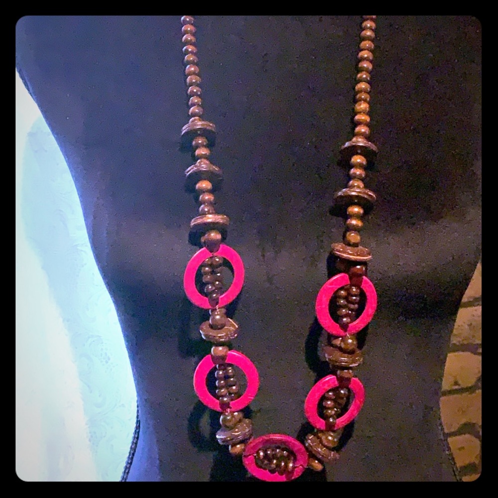 Long brown/Pink wooden necklace